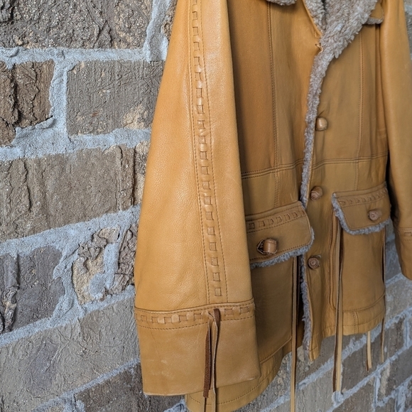 VTG 70s Pioneer Wear Western Cowboy Leather Winter Jacket Shearling Lined - Picture 3 of 12